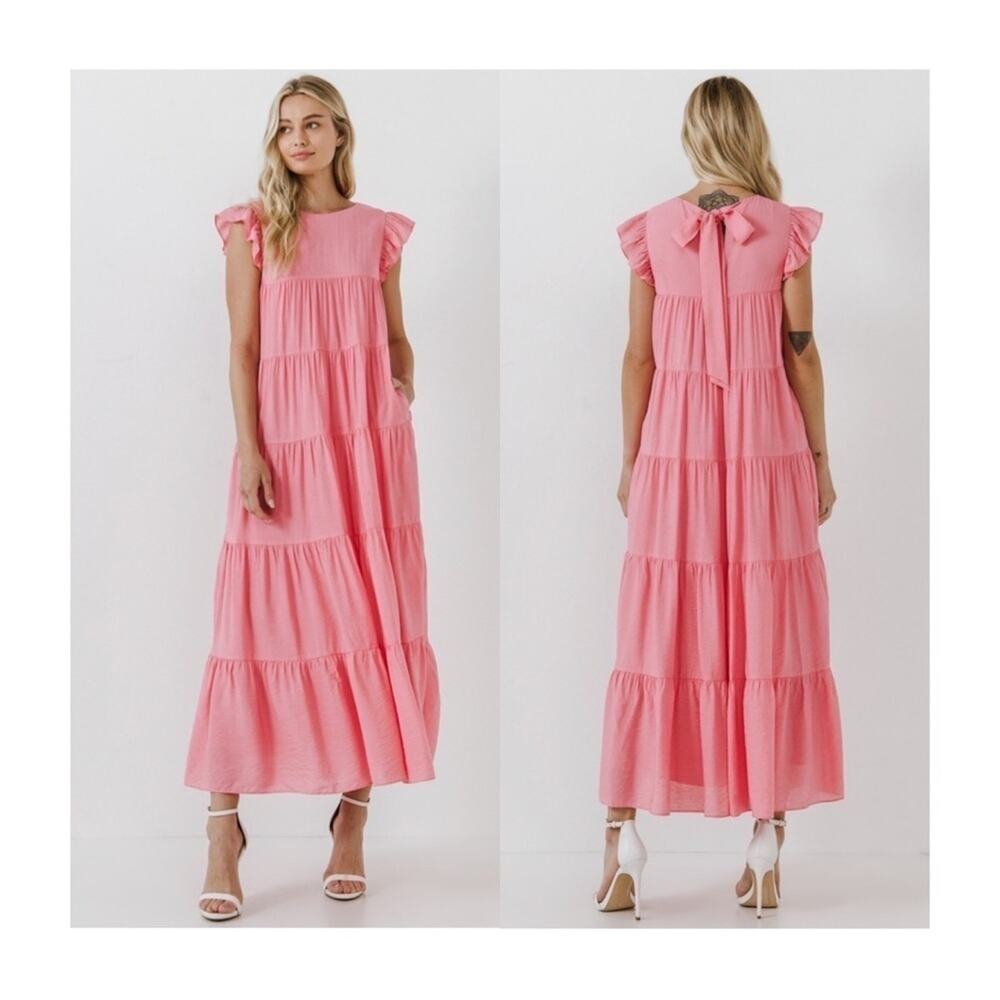 Pink Ruffle Sleeve Maxi Dress